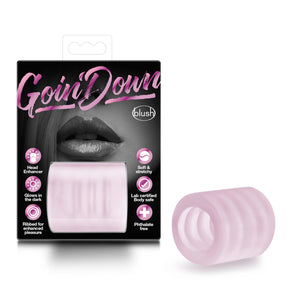 On the left side of the image is the product packaging. On the packaging (from top) Goin' Down, blush logo, product feature icons for: Head enhancer; Glows in the dark; Ribbed for enhanced pleasure; Soft & Stretchy; Lab certified body safe; Phthalate free. Beside the packaging is the product blush X5 Men Goin' Down BJ Stroker.