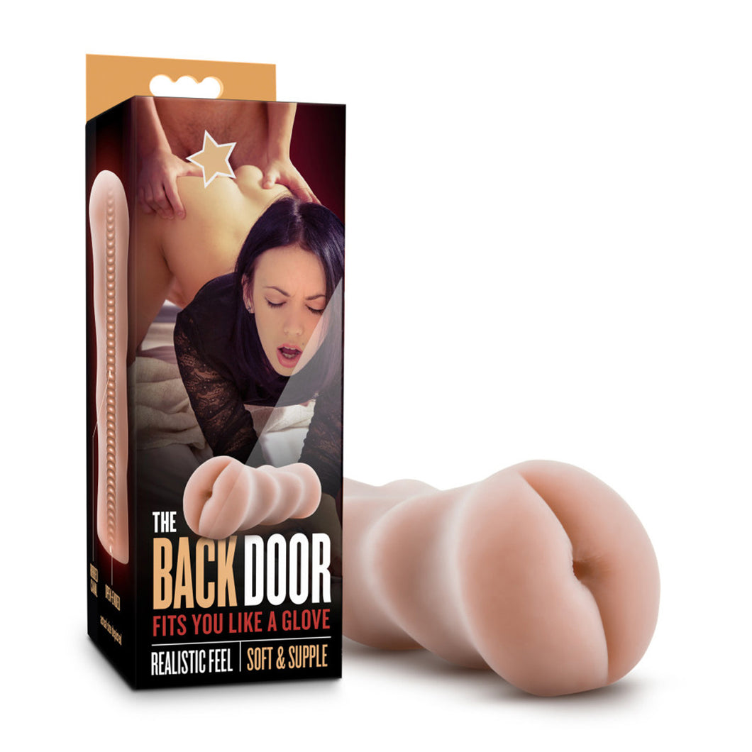 On the left side of the image is the product packaging. On the left side of the packaging is an image of the strokers inner canal. On the front side of the packaging is an image of a man behind a woman performing intercourse, a front side image of the stroker, product name: The Back Door, product features: Fits you like a glove, Realistic feel; Soft & supple. Beside the packaging is the stroker.