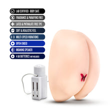 Load image into Gallery viewer, blush X5 Men Vibrating Rear Ecstasy features: LAB CERTIFIED - BODY SAFE; FRAGRANCE &amp; PARAFFINS FREE; LATEX &amp; PHTHALATE FREE TPE; SOFT &amp; REALISTIC FEEL; MULTI-SPEED VIBRATIONS; OPEN-ENDED; MOANING SPEAKER; 4 AA BATTERIES (NOT INCLUDED.