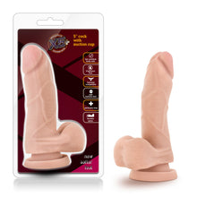 Load image into Gallery viewer, On the left side of the image is the product packaging. The packaging shows the product fully visible through clear packaging, X5 Plus logo, inside the logo has a slogan: Unrivaled realism - Revolutionary material, product name: 5&quot; Cock with Suction Cup, product feature icons for: Lab certified - Body safe; Fragrance free; Harness compatible; Soft realistic feel; Phthalate free; Flexible spine, and at the bottom &quot;New softer feel&quot;. Beside the packaging is the product standing on its suction cup.