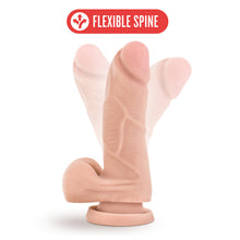 Load image into Gallery viewer, On the top is a feature icon for: Flexible Spine. With the a side view of the blush X5 Plus 5&quot; Cock standing on its suction cup, with the shaft bent in 2 seperate directions, visualizing the flexibility of the product.
