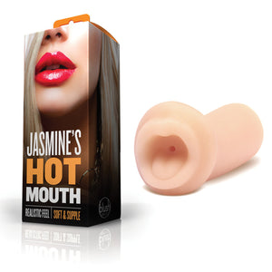 On the left side of the image is the product packaging. The packaging shows a lower part of a blonde women's face with red lipstick, product name "Jasmine's Hot Mouth", Product features: Realistic feel, Soft & supple. On the right side is the continuation of the blonde women's face, and at the bottom is the blush logo. Beside the packaging is the front side view of the product blush X5 Men Jasmine's Hot Mouth Stroker.