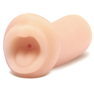Front side view of the blush X5 Men Jasmine's Hot Mouth Stroker, with tongue and lips features visible at the front of the product.