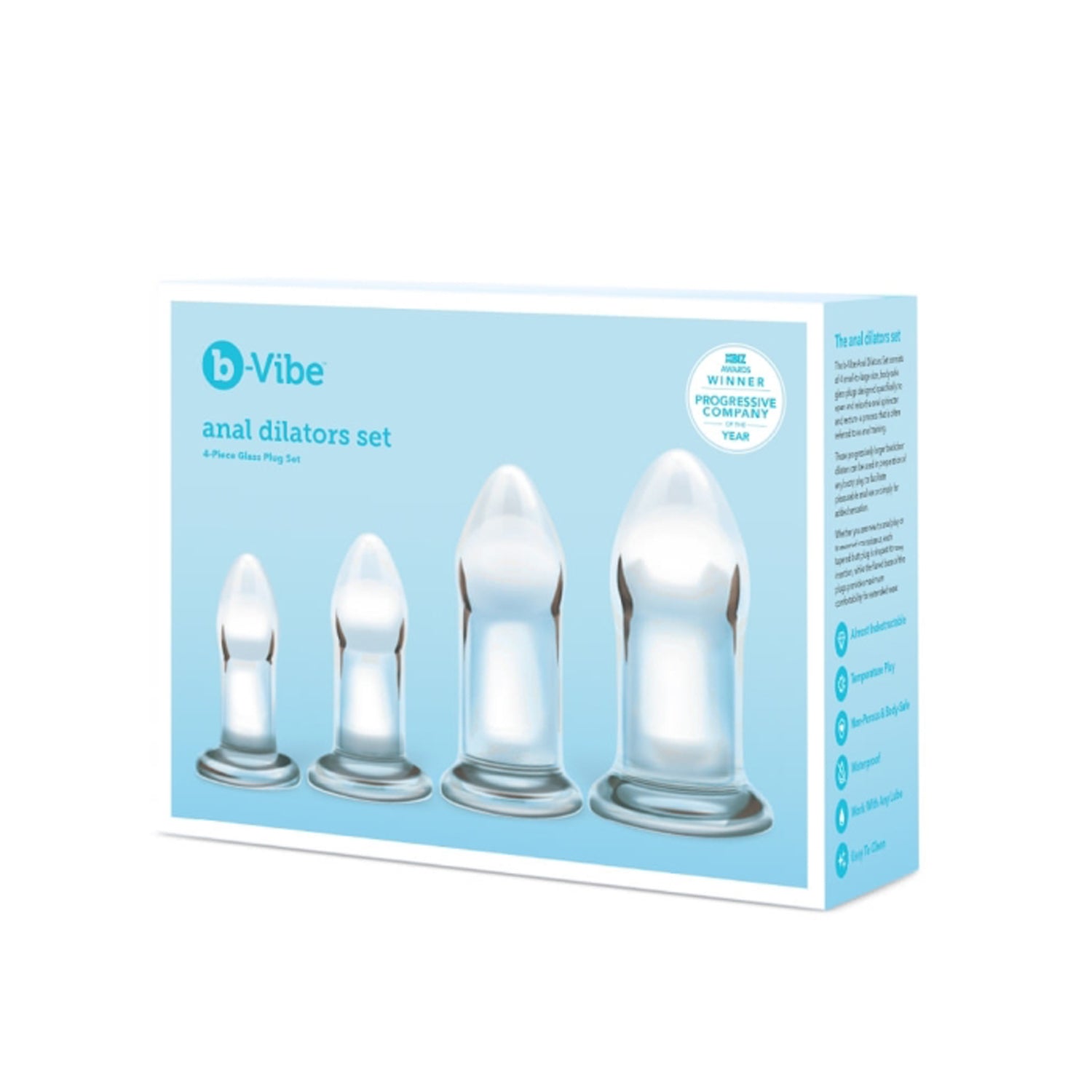 On the front of the packaging is the b-Vibe logo, product name: anal dilators set 4-piece glass plus set, XBIZ Awards winner Progressive company of the year, and the Glass plugs lined up from Extra-Small to Large.