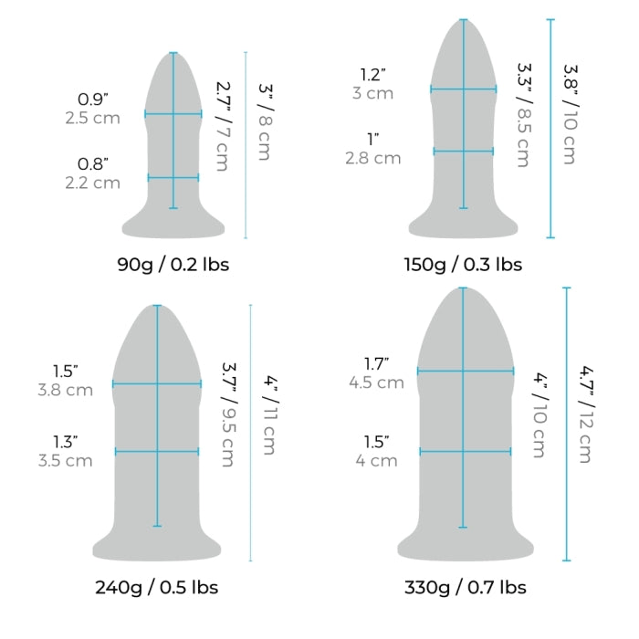 Extra-Small Plug widest width: 0.9" / 2.5 cm; Width at neck: 0.8" 2.2 cm; Insertable length: 2.7" / 7 cm; Length: 3" / 8 cm; Weight: 90 g / 0.2 Ibs. Small Plug Widest point: 1.2" / 3 cm; Width at neck: 1" / 2.8 cm; Insertable length: 3.3" / 8.5 cm; Length: 3.8 cm / 10 cm; Weight: 150 g / 0.3 Ibs. Medium Glass Plug widest point: 1.5" / 3.8 cm; Width at neck: 1.3" / 3.5 cm; Insertable length: 3.7" / 9.5 cm; Length: 4" / 11 cm; Weight: 240 g / 0.5 Ibs. Large plug widest point: 1.7" / 4.5 cm.