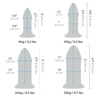 Extra-Small Plug widest width: 0.9" / 2.5 cm; Width at neck: 0.8" 2.2 cm; Insertable length: 2.7" / 7 cm; Length: 3" / 8 cm; Weight: 90 g / 0.2 Ibs. Small Plug Widest point: 1.2" / 3 cm; Width at neck: 1" / 2.8 cm; Insertable length: 3.3" / 8.5 cm; Length: 3.8 cm / 10 cm; Weight: 150 g / 0.3 Ibs. Medium Glass Plug widest point: 1.5" / 3.8 cm; Width at neck: 1.3" / 3.5 cm; Insertable length: 3.7" / 9.5 cm; Length: 4" / 11 cm; Weight: 240 g / 0.5 Ibs. Large plug widest point: 1.7" / 4.5 cm.