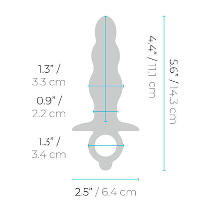 b-Vibe Butties Bounce Beaded Silicone Plug insertable width: 1.3 inches / 3.3 centimetres; Width at the base: 0.9 inches / 2.2 centimetres; Width of the handle: 1.3 inches / 3.4 centimetres; Plug width: 2.5 inches / 6.4 centimetres; Insertable length: 4.4 inches / 11.1 centimetres; Plug length: 5.6 inches / 4.3 centimetres.