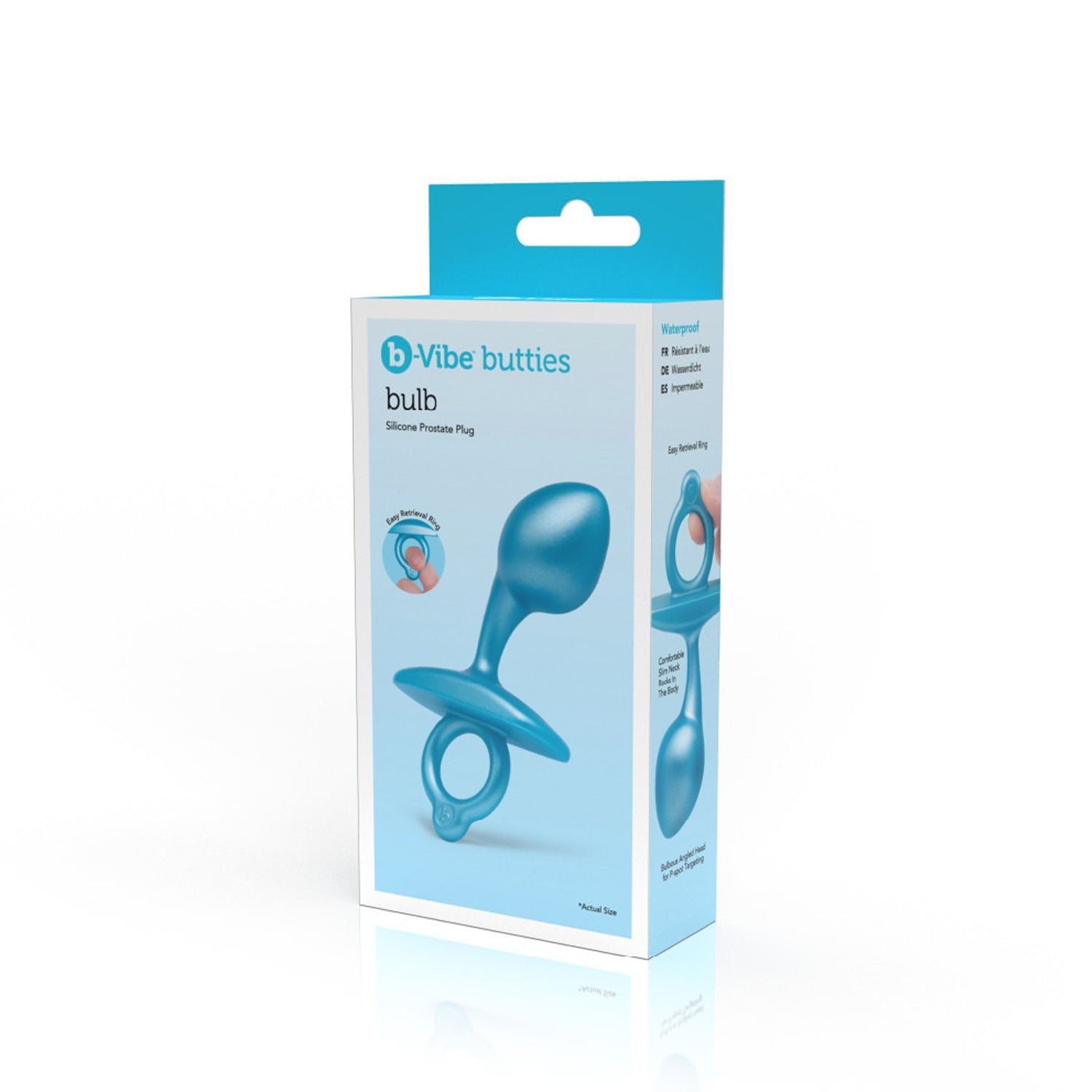 On the front of the packaging is the b-Vibe & the butties logo, product name: bulb Silicone Prostate Plug, product feature: Easy retrieval ring with an image of a finger hooked on the ring, and the actual soze image of the product. On the right side of the package are product features: Waterproof; Easy retrieval ring; Bulbous angled head for P-Spot targetting, and in the middle is an image of the product being held by the handle.