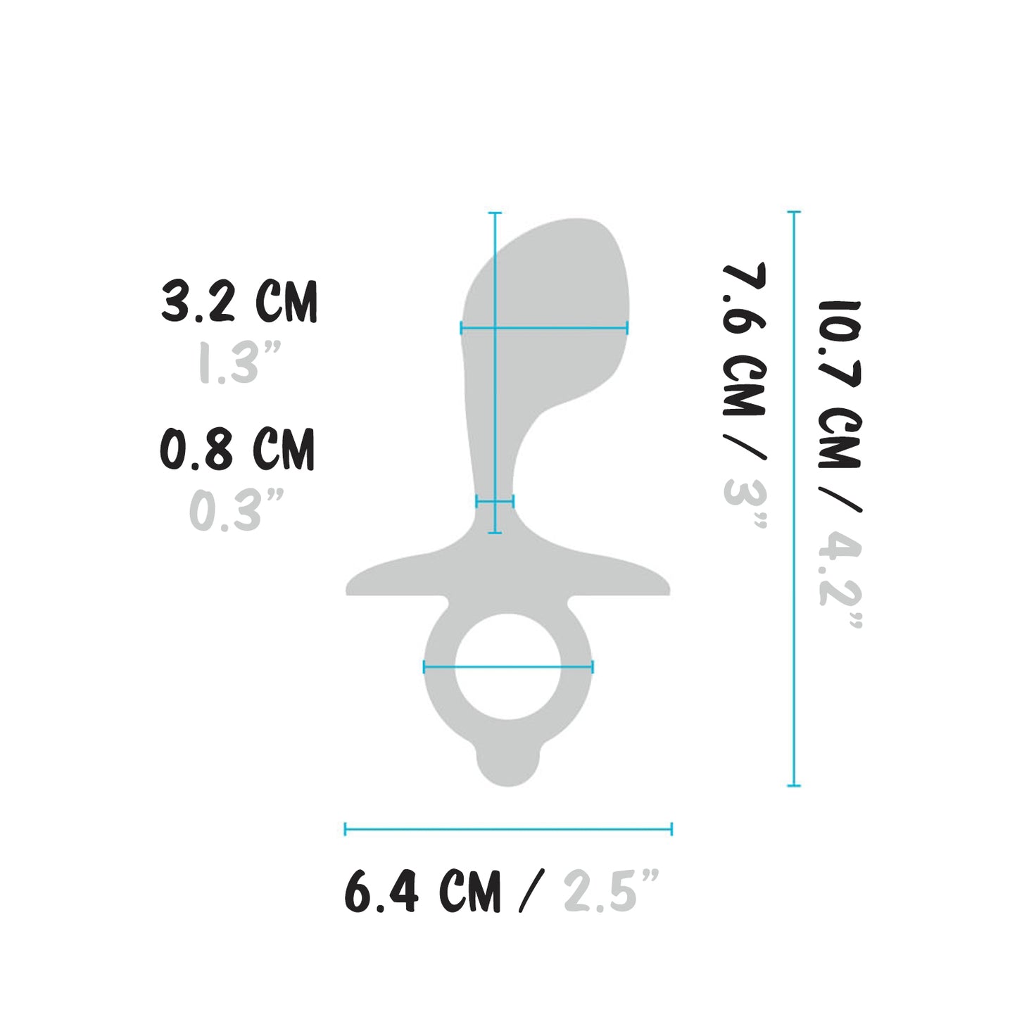 b-Vibe Butties Bulb Silicone Prostate Plug insertable width: 3.2 centimetres / 1.3 inches; width at the "neck" area of the plug: 0.8 centimetres / 0.3 inches; Plug width: 6.3 centimetres / 2.5 inches; Insertable length: 7.6 centimetres / 3 inches; Plug length: 10.7 centimetres / 4.2 inches.