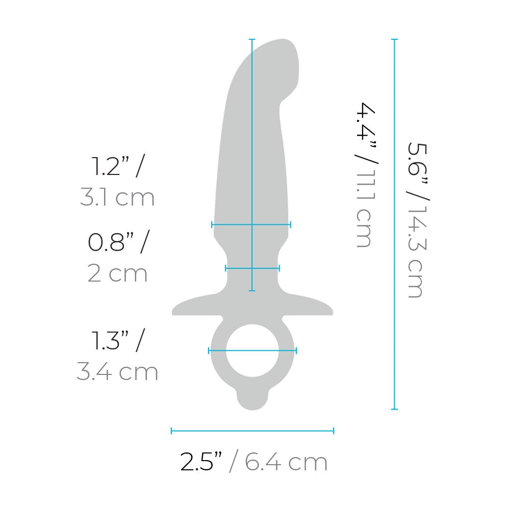 b-Vibe Butties Hither Silicone Prostate Plug insertable width: 1.2 inches / 3.1 centimetres; width at the neck area: 0.8 inches / 2 centimetres; width of the ring handle: 1.3 inches / 3.4 centimetres; Plug width: 2.5 inches / 6.4 centimetres; Insertable length: 4.4 inches / 11.1 centimetres; Plug length: 5.6 inches / 14.3 centimetres.