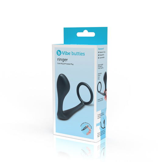 On the front of the packaging are the b-vibe and Butties logos, Product name: Ringer Cock ring & prostate plug, an image of the product, and at the bottom right corner an image of the Stretchable silicone cock ring. Visible on the right side of the packaging are product features: Waterproof; Bulbous angled plug head for P-Spot targeting; Stretchable silicone cock ring, an image of the plug being held with two finger, and below is a diagram showing how to use the product.