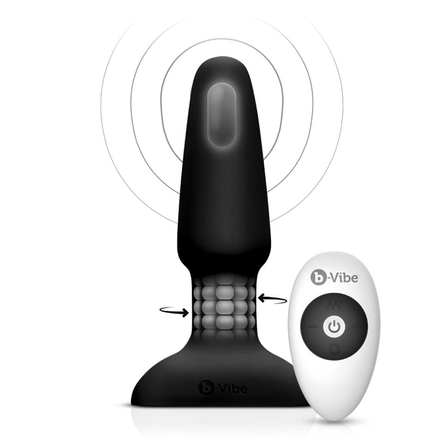 Side view of the b-Vibe Rimming Plug 2 showing where the vibration is at the tip of the plug, and the rotating beads at the neck of the plug. Beside the the wireless remote controller for b-Vibe Rimming Plug 2.