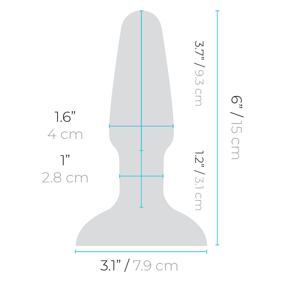 b-Vibe Rimming Plug 2 insertable width: 1.6 inches / 4 centimetres; Width of the Plug's neck area: 1 inch / 2.8 centimetres; Plug width: 3.1 inches / 7.9 centimetres; Insertable length of the plug's tip: 3.7 inches / 9.3 centimetres; Insertable length of the plug's neck area: 1.2 inches / 3.1 centimetres; Total length: 6 inches / 15 centimetres.