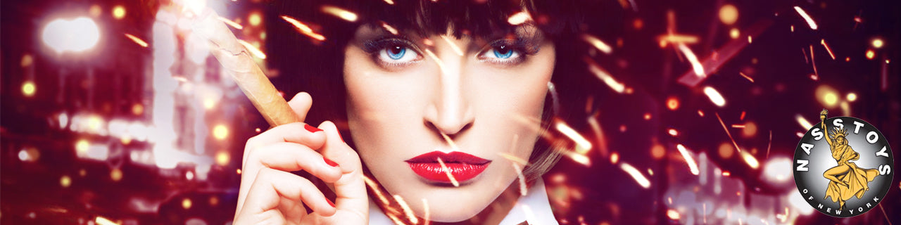 Banner for Nasstoys of New York, with a background image of a woman's face and sparks flying around.