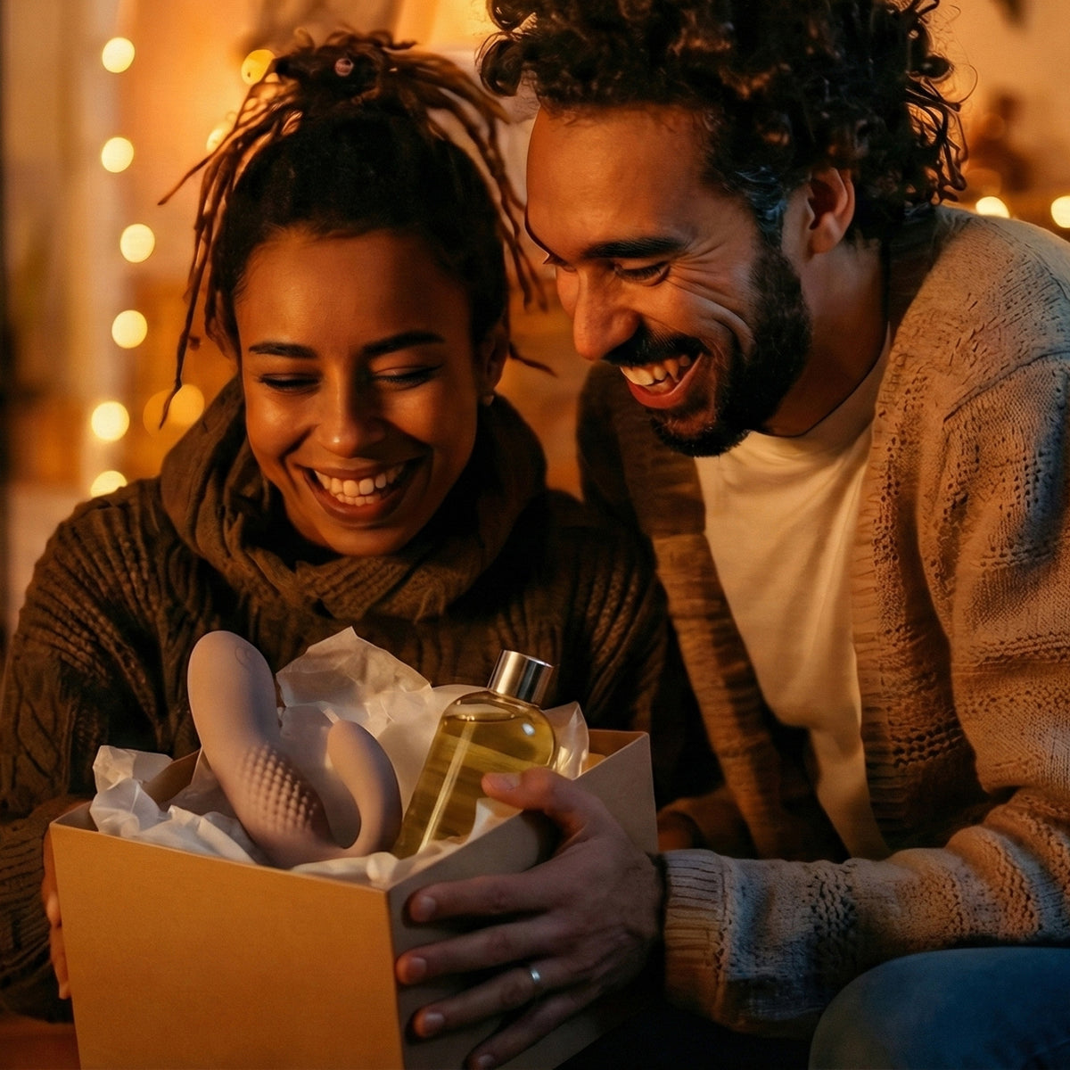 Couple opening a gift box together with warm lighting in the background