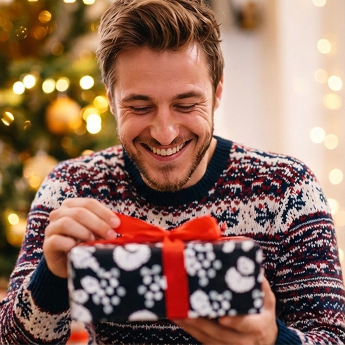 Man in a patterned sweater opening a gift with a Christmas tree in the background