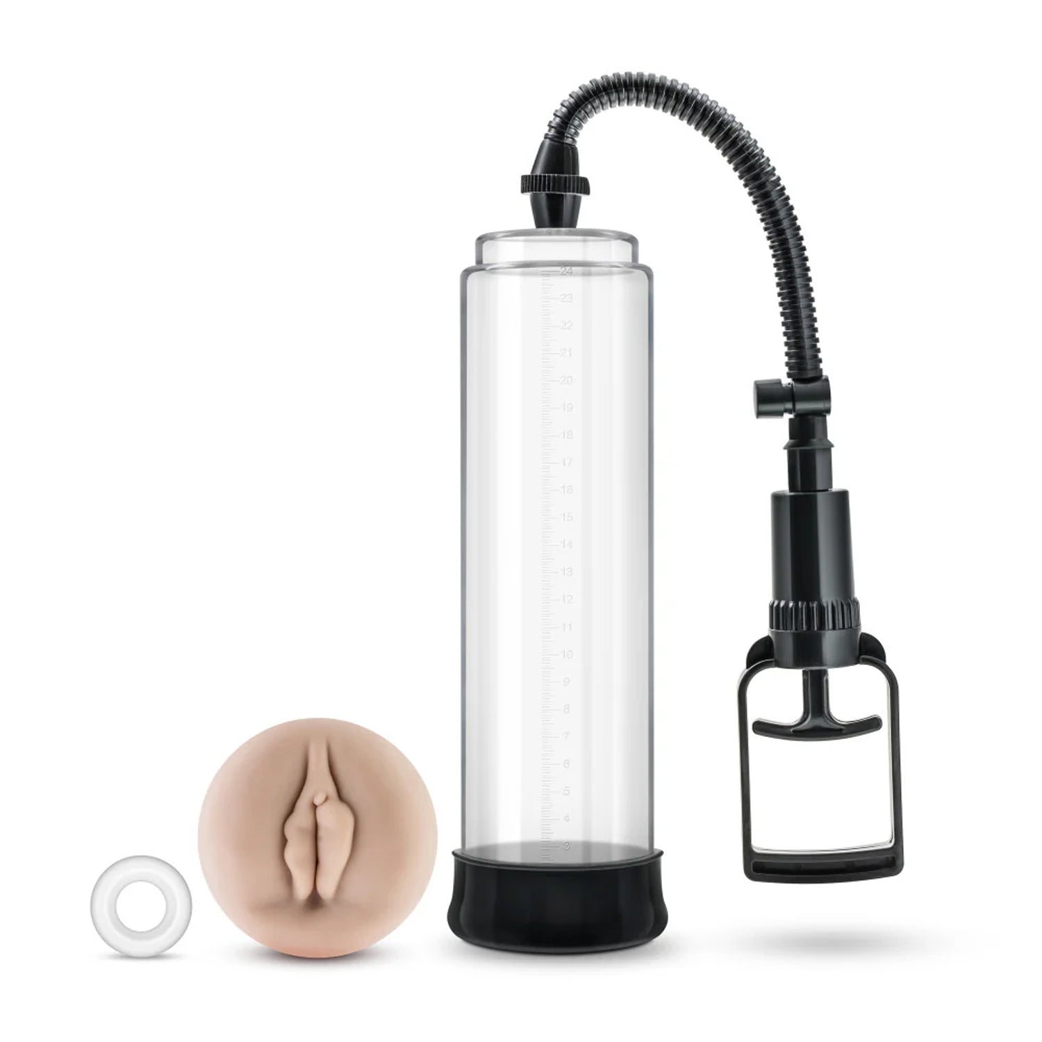 Included in the Blush Performance VX5 from left to right is the Stay hard Cock Ring, X5 Vaginal Seal, and the Penis Pump.