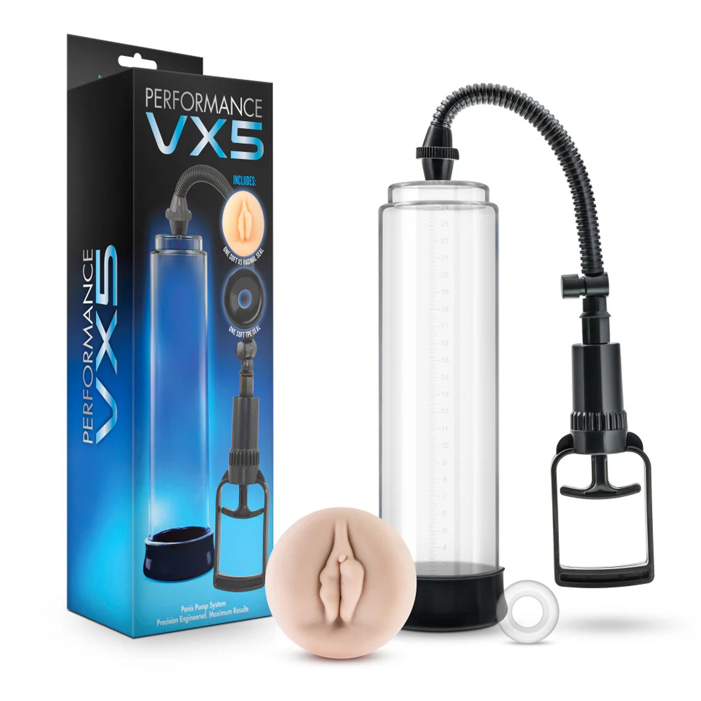 On the left side of the image is the packaging and beside the packaging is the Penis Pump, the X5 Vaginal Seal, and Stay hard Cock Ring.