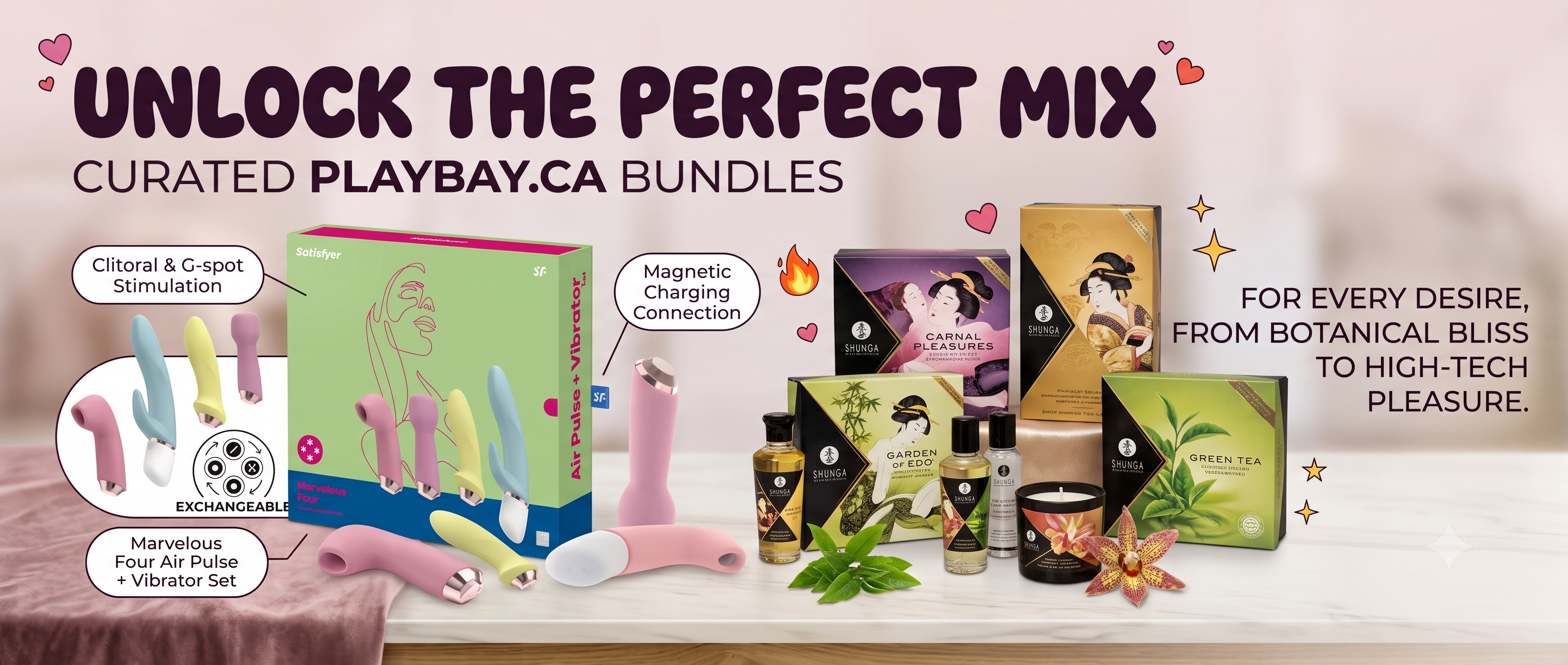 PLAYBAY.CA curated sexual wellness bundle displaying the Satisfyer Marvelous Four air-pulse vibrator set with four exchangeable heads alongside Shunga erotic botanical massage oils, body glides, and an intimate scented candle.