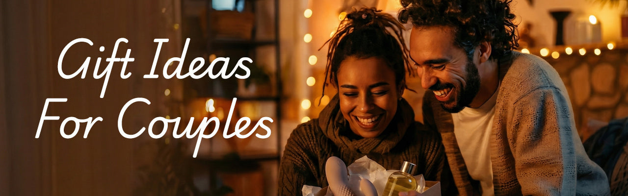 Couple looking at a gift together with text 'Gift Ideas For Couples' on a blurred background.