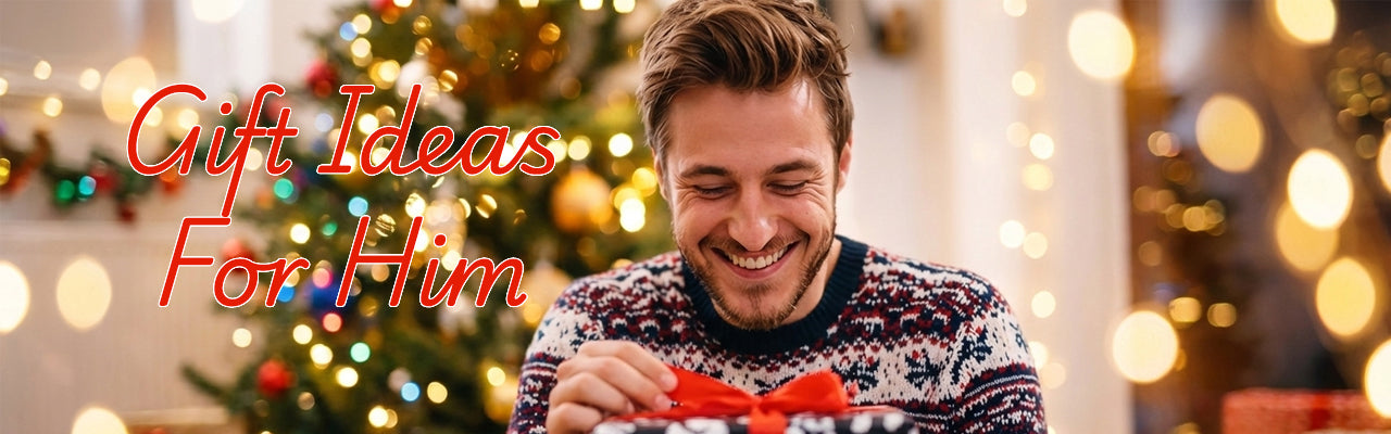 Man opening a gift with Christmas decorations in the background. On the left side of the banner shows text "Gift Ideas For Him".
