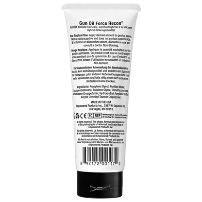 Gun Oil Force Recon hybrid silicone lubricant, lubrifiant hybride à la silicone. For Topical Use. Apply desired amount to genital areas. Not a contraceptive and does not contain spermicide. It imitation or discomfort occurs, disoontinue use and consult a doctor. Non-Staining. Usage topique. Appliquer la quantité souhaitée sur les parties génitales. Ce produit n'est pas un contracepor et ne contient pas de spemicide. En cas d'irritation ou inconfort, cesser l'utilisation et consulter un médeci Non tachant.