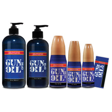 Load image into Gallery viewer, Gun Oil H2O Personal Lubricants standing in a row from Largest size to smallest size available (left to right): 32 ounces / 960 mililitres; 16 ounces / 480 mililitres; 8 ounces / 237 mililitres; 4 ounces / 120 mililitres; 2 ounces / 59 mililitres; Sample size packet.