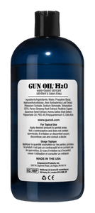 Back label of the Gun Oil H2O 32 oz / 960 mL bottle: GUN OIL: H20 water-based lubricant. Ingredients/Ingrédients: Water, Propylene Glycol, Hydrangethylcellulose, Aloe Barbadensis Leaf Extract Potassium Sorbate, Sodium Benzoate, Tetrasodium EDTA, Panax Ginseng Root Extract, Paulinia Cupana (Guarana) Seed Extract, Avena Sativa (Oat) Extract, Polysorbate-20, PEG-45, Polyquarterium-5, Citric Acid. www.gunoil.com For Topical Use Apply desired amount to genital areas.
