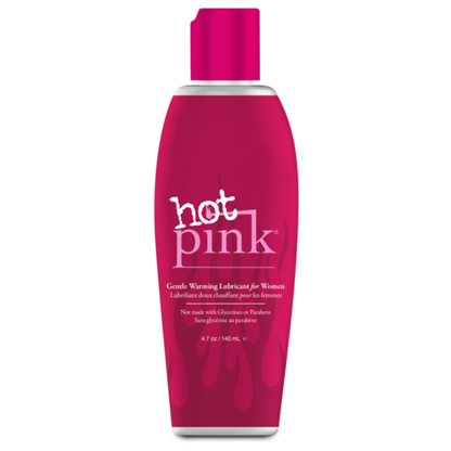 A bottle of hot pink Gentle Warming Lubricant for Women, not made with Glycerin or Parabens 4.7 oz / 140 ml