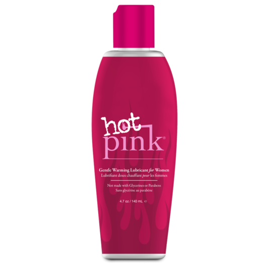 A bottle of hot pink Gentle Warming Lubricant for Women, not made with Glycerin or Parabens 4.7 oz / 140 ml