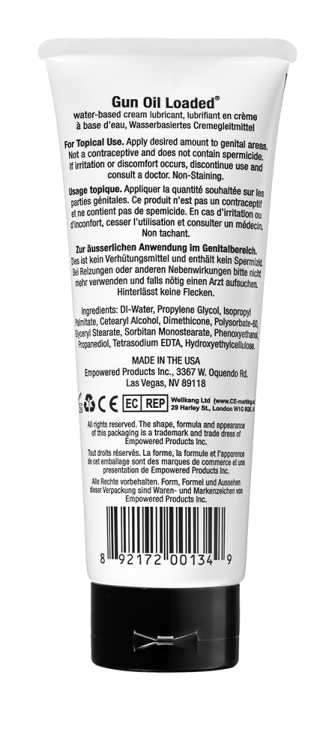 Gun Oil Loaded water-based cream lubricant, lubrifiant en crème à base d'eau. For Topical Use. Apply desired amount to genital areas. Not a contraceptive and does not contain spermicide. It iritation or discomfort occurs, discontinue use and consult a doctor. Non-Staining. Usage topique. Appliquer la quantité souhaltée sur les partes génitales. Ce produit n'est pas un contracept et ne contient pas de spemicide. En cas d'irritation ou (nonfort, cesser l'utiisation et consulter un médecin Non tachant.