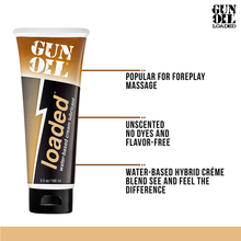 Load image into Gallery viewer, Gun OIl loaded Water-Based Cream Lubricant 3.3 oz / 100 ml tube with features pointing to the product: Popular for foreplay massages; Unscented no dyes and flavor-free; Water-Based Hybrid creme blend see and feel the difference. On the top right of the image is the Gun Oil Loaded logo.