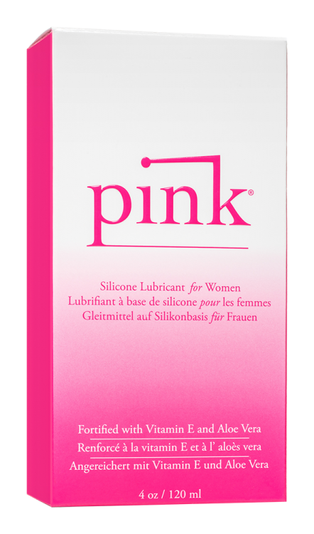 Front of the package for Pink Silicone Lubricant for Women, Fortified with Vitamin E and Aloe Vera, 4 oz / 120 ml.