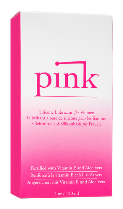 Front of the package for Pink Silicone Lubricant for Women, Fortified with Vitamin E and Aloe Vera, 4 oz / 120 ml.