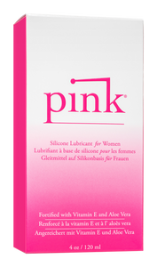 Front of the package for Pink Silicone Lubricant for Women, Fortified with Vitamin E and Aloe Vera, 4 oz / 120 ml.