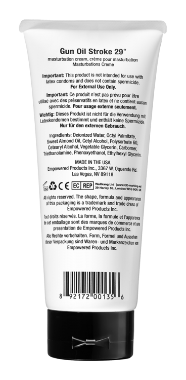 Back label Gun Oil Stroke 29° masturbation cream, creme pour masturatio Masturbations Crema Important: This product is not intended for use with latex condoms and does not contain spermicide. For External Use Only. Important: Ce produit n'est pas prévu pour être utisé avec des preservatifs en latex et ne contient aucun spermicide. Pour usage externe seulement. Wichtig: Dieses Produkt ist nicht für die Verwendung me Latexkondomen bestimmt und enthält keine Spermizie. Nur fur den externen Gebrauch.