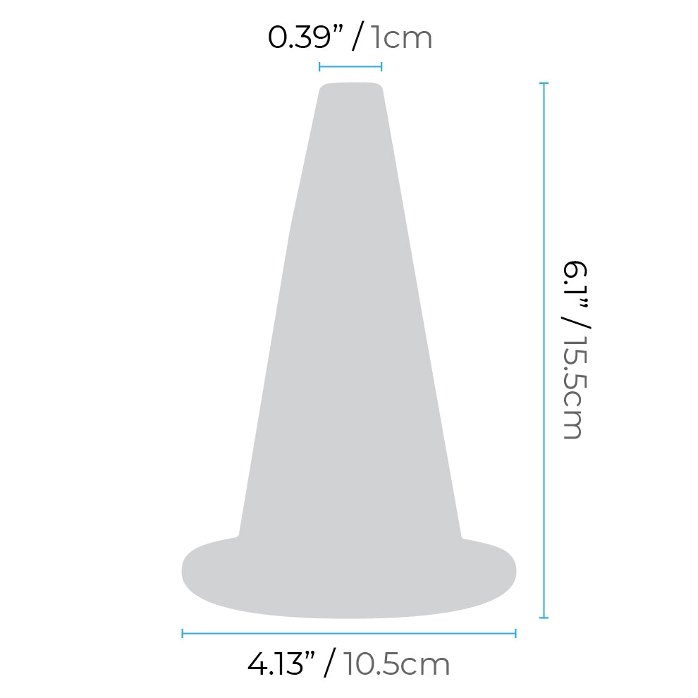 Hollow Cone top width: 0.39 inches / 1 centimetre; Cone length: 6.1 inches / 15.5 centimetres; Cone width: 4.13 inches / 10.5 centimetres.