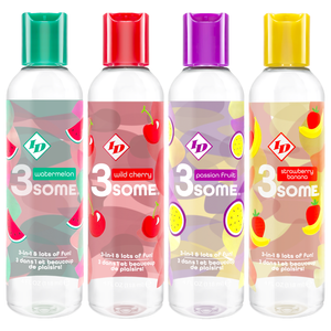 From Left to right: ID Watermelon 3some 3-in-1 & lots of fun! 4 fl oz (118 ml) bottle, ID Wild Cherry 3some 3-in-1 & lots of fun! 4 fl oz (118 ml) bottle, ID Passion Fruit 3some 3-in-1 & lots of fun! 4 fl oz (118 ml) bottle, and ID Strawberry Banana 3some 3-in-1 & lots of fun! 4 fl oz (118 ml) bottle.