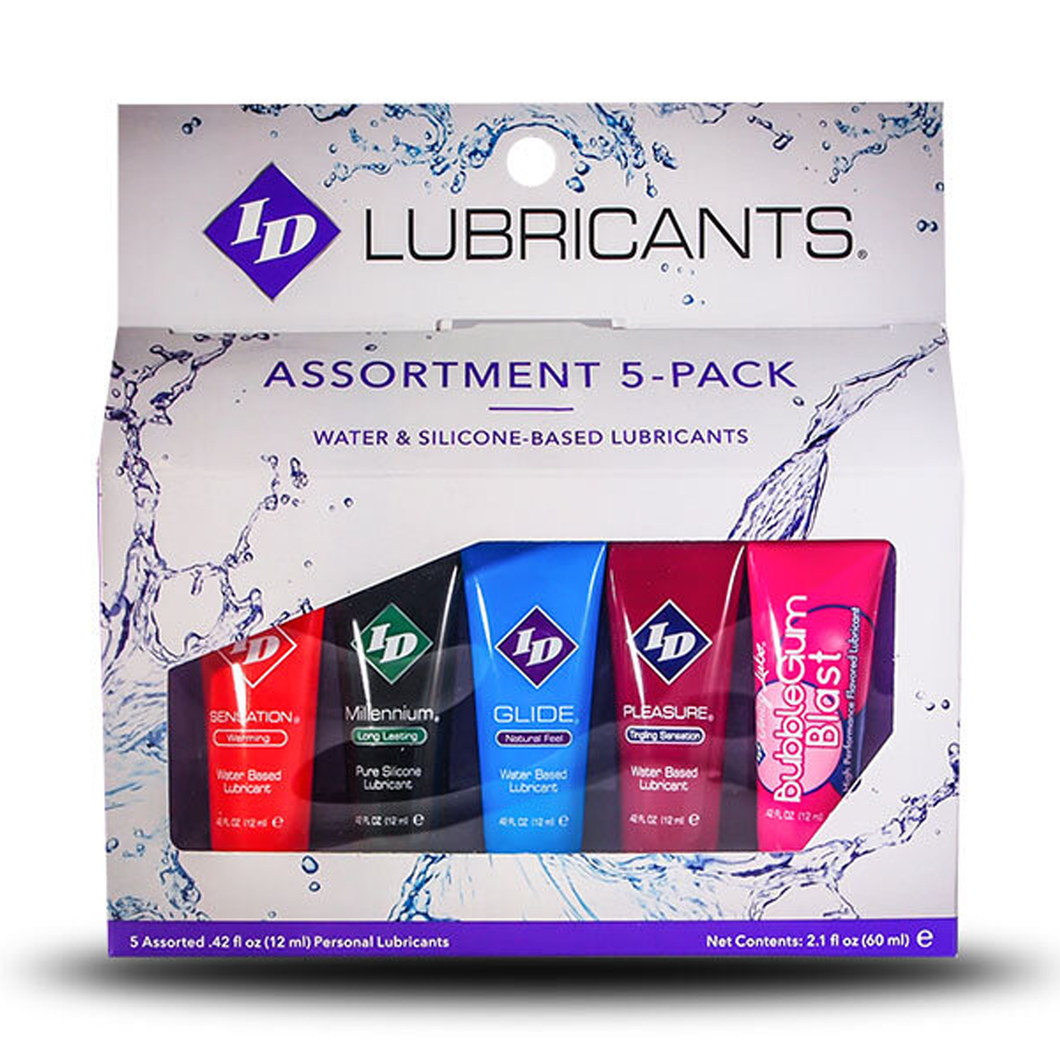 Packaging shows ID Lubricants logo, product name: Assortment 5-Pack Water & Silicone-Based Lubricants, the lubricants inside visible through clear packaging: ID Sensation Warming Water Based Lubricant; ID Millennium Long Lasting Pure Silicone Lubricant; ID Glide Natural Feel Water Based Lubricant; ID Pleasure Tingling Sensation Water Based Lubricant; ID BubbleGum Blast High Performance Flavoured Lubricant, at the bottom 5 Assorted .42 fl oz (12 ml) Personal Lubricants, and Net components: 2.1 fl oz (60 ml).