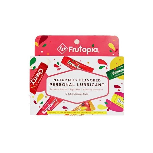 Packaging shows the ID Frutopia logo, bckground image of various fruits with lubricant tubes with Cherry, Strawberry Watermelon, Banana, Mango & Raspberry flavours, "Naturally Flavored Personal Lubricant", product features: Delicous Flavours; Sugar-Free; Naturally sweetened, 5-Tube Sampler Pack, and printed at the bottom Five 0.42 FL oz (12 ml) Water Based Lubricants - Net contents 2.1 fl oz (62 ml).