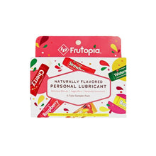 Load image into Gallery viewer, Packaging shows the ID Frutopia logo, bckground image of various fruits with lubricant tubes with Cherry, Strawberry Watermelon, Banana, Mango &amp; Raspberry flavours, &quot;Naturally Flavored Personal Lubricant&quot;, product features: Delicous Flavours; Sugar-Free; Naturally sweetened, 5-Tube Sampler Pack, and printed at the bottom Five 0.42 FL oz (12 ml) Water Based Lubricants - Net contents 2.1 fl oz (62 ml).