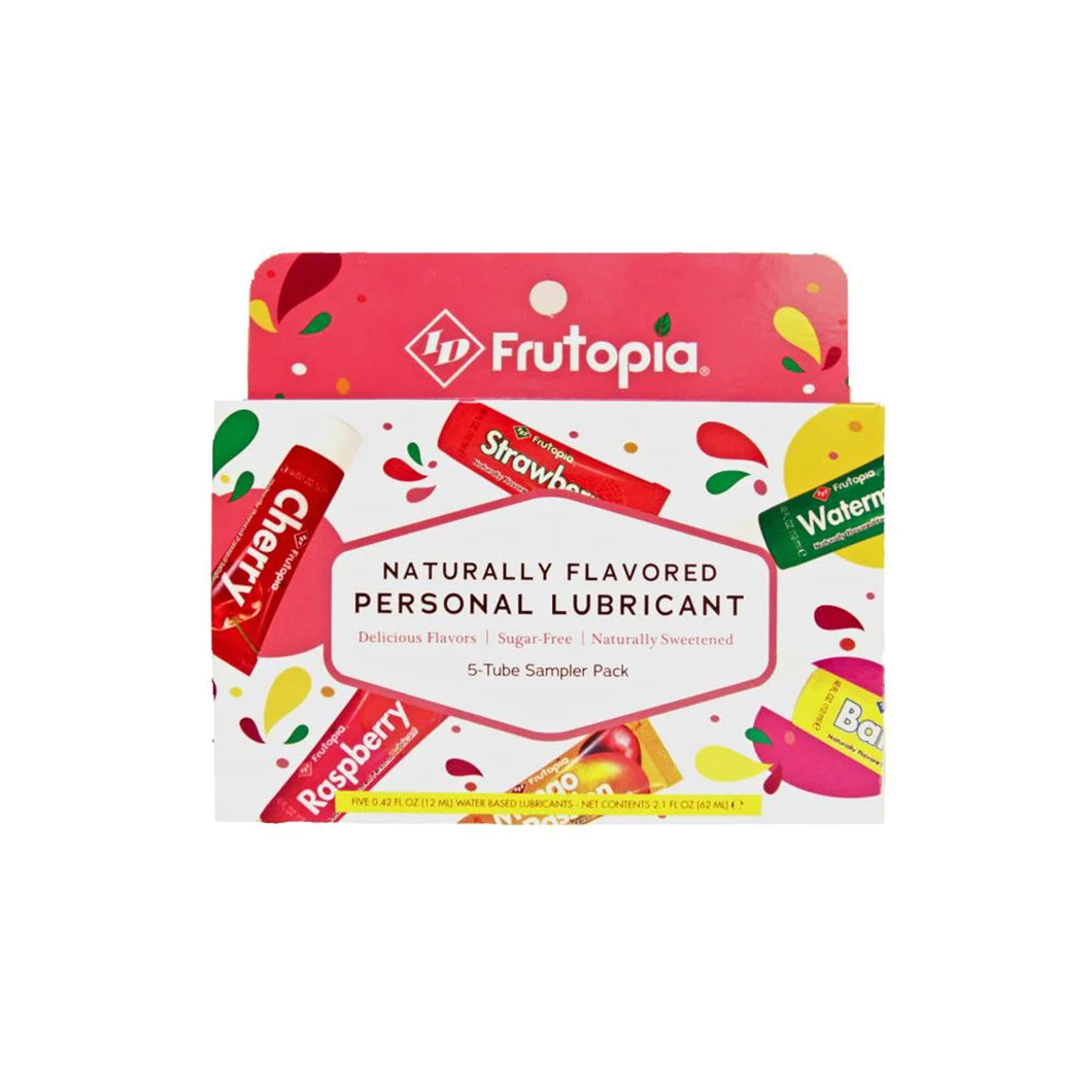 Packaging shows the ID Frutopia logo, bckground image of various fruits with lubricant tubes with Cherry, Strawberry Watermelon, Banana, Mango & Raspberry flavours, 