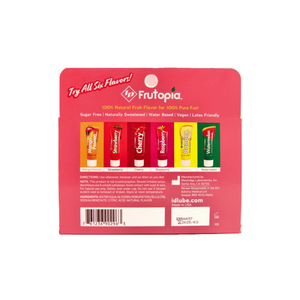 Back of the packaging shows ID Frutopia logo, Try all six flavors!, 100% Natural fruit flavor for 100% pure fun!, product features: Sugar Free; Naturally sweetened; Water Based; Vegan; Latex Friendly, images of the lubricants: Mango Passion; Strawberry; Cherry; Raspberry; Banana; Watermelon, DIRECTIONS: Use whenever, however and as often as you like! NOTE: This product is not a contraceptive: Should irritation occur, discontinue use & consult a physician Avoid contact with eyes & ears. For topical use only.