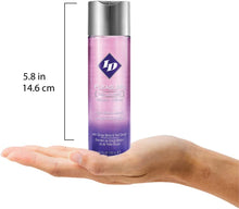 Charger l&#39;image dans la galerie, ID Pleasure Tingling Sensation Water Based Lubricant with Ginkgo Biloba &amp; Red Clover 4.4 fl oz (130 ml) bottle height: 5.8 inches / 14.6 centimetres standing on the palm of a hand for size reference.