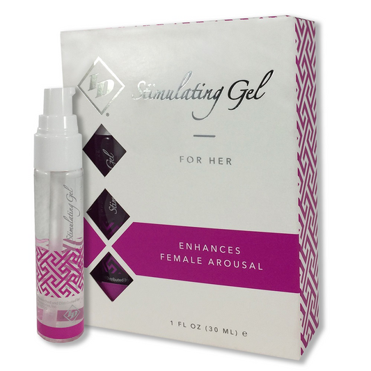 A spray bottle of ID Stimulating Gel For Her standing in front of its packaging. On the packaging is the ID Stimulating Gel logo, "For her", Enhances Female Arousal 1 fl oz (30 ml), and on the left side of the packaging is the roduct partially visible through clear packaging.