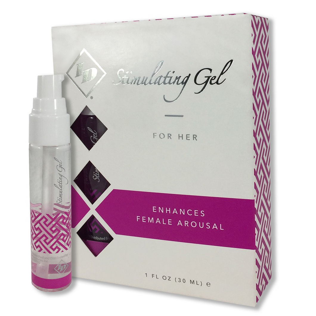 A spray bottle of ID Stimulating Gel For Her standing in front of its packaging. On the packaging is the ID Stimulating Gel logo, 