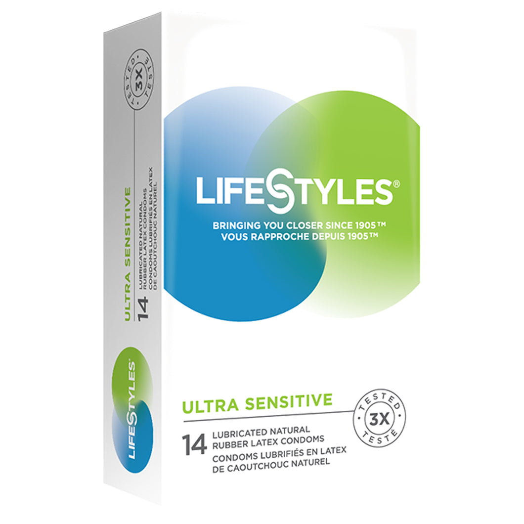 On the left side of the package LifeStyles logo, Ultra Sensitive 14 lubricated natural rubber Latex Condoms, and icon for Tested 3x. On the front of package LifeStyles logo, bringing you closer since 1905, Ultra Sensitive 14 lubricated latex condoms, and an icon for tested 3x.