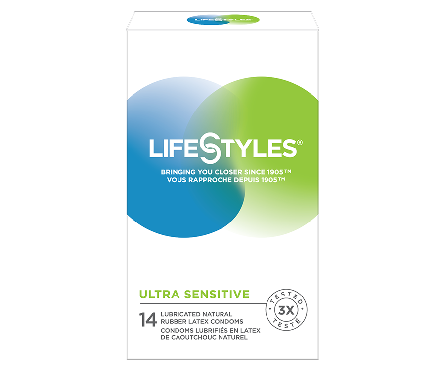 On the front of the package LifeStyles logo, bringing you closer since 1905, Ultra Sensitive 14 lubricated latex condoms, and an icon for tested 3x.