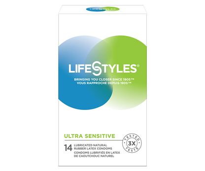 On the front of the package LifeStyles logo, bringing you closer since 1905, Ultra Sensitive 14 lubricated latex condoms, and an icon for tested 3x.