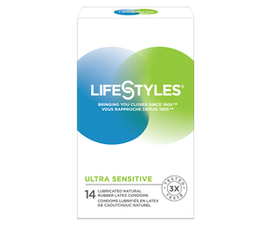 On the front of the package LifeStyles logo, bringing you closer since 1905, Ultra Sensitive 14 lubricated latex condoms, and an icon for tested 3x.